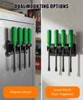 Four Slot Magnetic Pry Bar Organizer With Mounting Holes For Garage Or Shop on wall and magnetic mount holding tools.