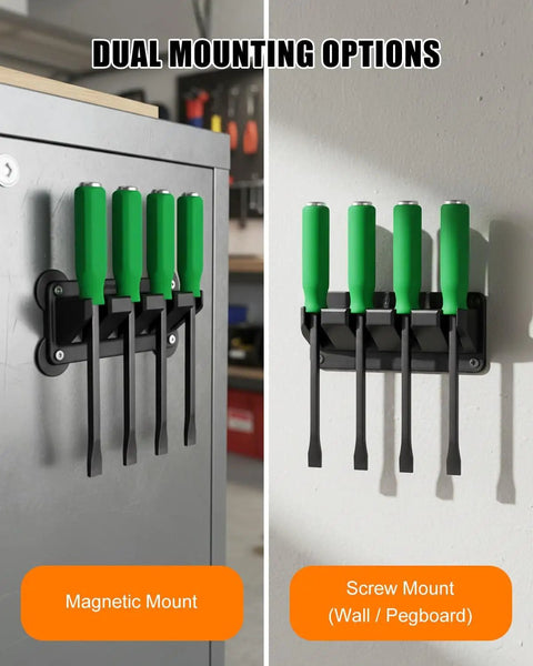 Four Slot Magnetic Pry Bar Organizer With Mounting Holes For Garage Or Shop on wall and magnetic mount holding tools.