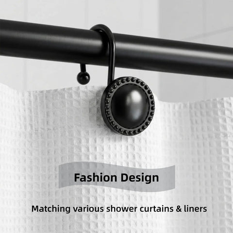 Heavy Duty Metal Shower Curtain Hooks 12 Pack, Rust-Resistant Zinc Alloy Circular Rings For Easy Glide, Durable Black Bathroom Hangers