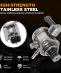 High Pressure Fuel Pump For Ford Edge, Escape, Explorer, Focus, Fusion, And Mustang 2015-2021 Plus Lincoln MKC MKZ 2015-2020 Plug-N-Play Replacement With 2.0L 2.3L Engines Replaces EJ7Z9350A GDP208 showing stainless steel construction and connectors.