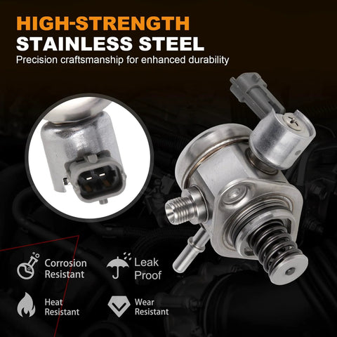 High Pressure Fuel Pump For Ford Edge, Escape, Explorer, Focus, Fusion, And Mustang 2015-2021 Plus Lincoln MKC MKZ 2015-2020 Plug-N-Play Replacement With 2.0L 2.3L Engines Replaces EJ7Z9350A GDP208 showing stainless steel construction and connectors.