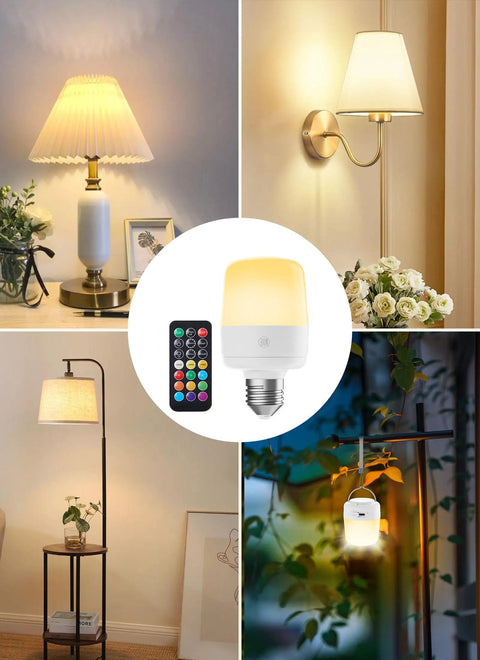 Go-To Rechargeable E26 LED Light Bulbs With Remote And Timer, Battery Backup, shown in lamps and outdoors, 2 Pack