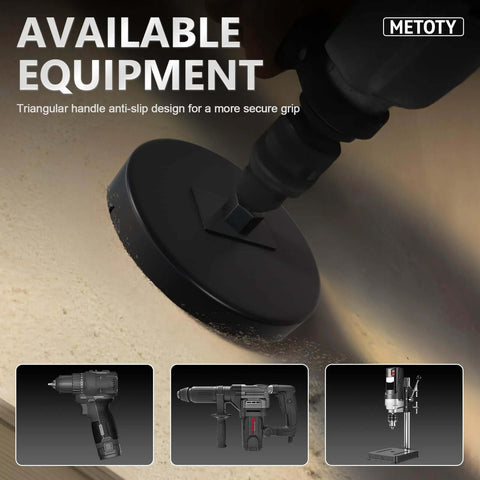 METOTY 14-piece hole saw kit (3/4"–3") with mandrel, black hole saw mounted on drill.