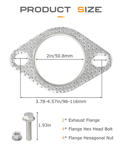 Product dimensions of 2 Pack Exhaust Gasket Kit For Cars And Trucks, includes 2-inch flange, bolts, and nuts