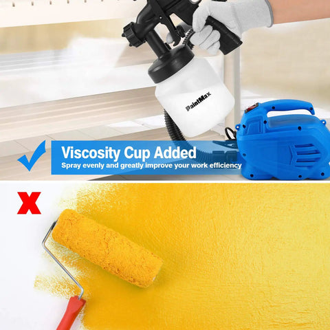 High Power HVLP Electric Paint Sprayer With 800 Milliliter Per Minute Output shown with quick refill feature and roller alternative