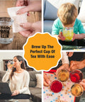Collage featuring Disposable Loose Leaf Tea Filters for Easy Brewing with people enjoying tea in various settings.