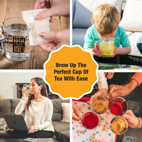Collage featuring Disposable Loose Leaf Tea Filters for Easy Brewing with people enjoying tea in various settings.