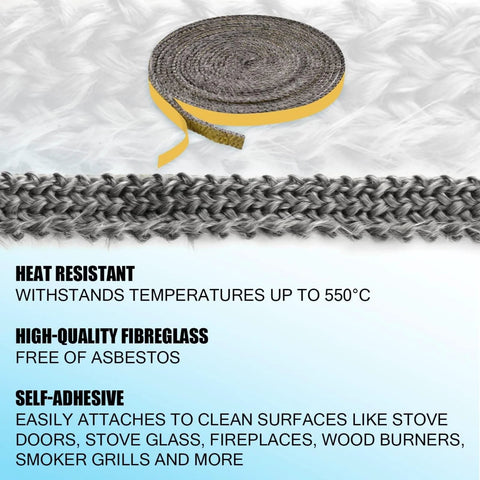 Flat fiberglass stove gasket tape roll with yellow backing; self-adhesive, heat resistant.