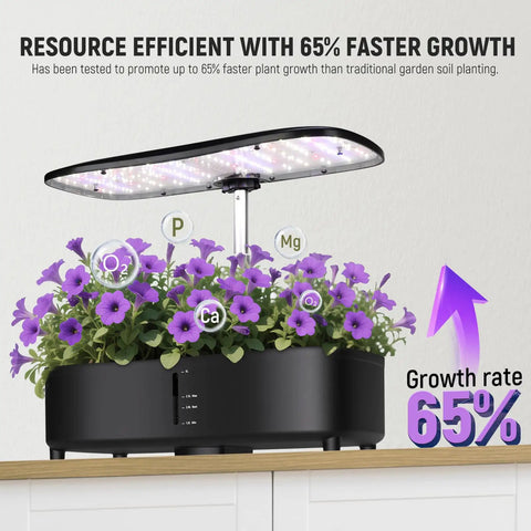 All In One Aeroponics Growing System Kit With Atomization Tech LED Grow Light in use with blooming purple flowers