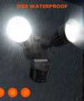 Beefy LED Motion Sensor Security Flood Light Outdoor 3000LM Output, 27.5W 120W Equivalent, IP65 Waterproof, in rain with lights on.