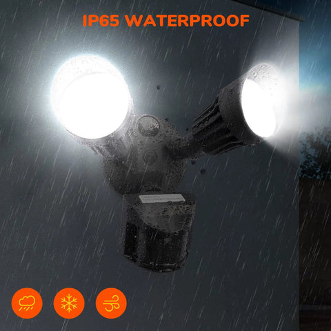 Beefy LED Motion Sensor Security Flood Light Outdoor 3000LM Output, 27.5W 120W Equivalent, IP65 Waterproof, in rain with lights on.