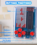 DIY Game Soldering Kit For Beginners With 4 Retro Games A Hands On Fun STEM Electronics Project For Students And Class Present Adjustable Brightness Music Switch Solder Practice shown with labelled buttons and switches on circuit board