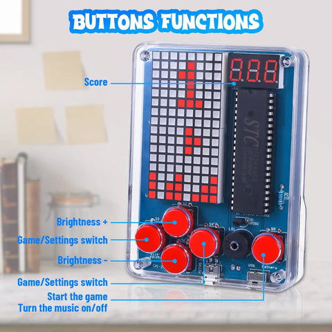 DIY Game Soldering Kit For Beginners With 4 Retro Games A Hands On Fun STEM Electronics Project For Students And Class Present Adjustable Brightness Music Switch Solder Practice shown with labelled buttons and switches on circuit board