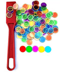 Magnetic Wand Set With 100 Multicolor Metal Ringed Discs And Bingo Chips STEM Learning Kit for kids on white background.