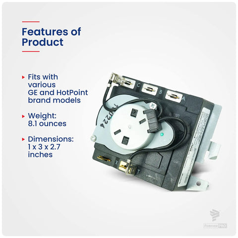 GE Dryer WE4M532 Timer Replacement Part for WE4M362 3029573 PS8746223 showing features and specifications.