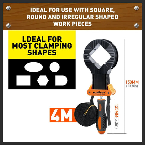 Band Clamp For Woodworking And Picture Framing, Flexible Frame Strap Holder shown with 4m strap and multiple shape guide.