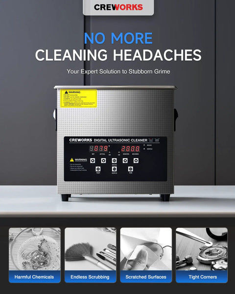 No Sweat Digital Ultrasonic Cleaner With Ample 3L Tank And Degas Plus Gentle Modes, showing control panel and tank features.