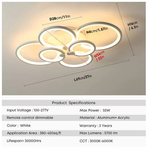 Diagram of Six Ring LED Ceiling Light With Remote Control Dimmable White Flush Mount Fixture dimensions and specs