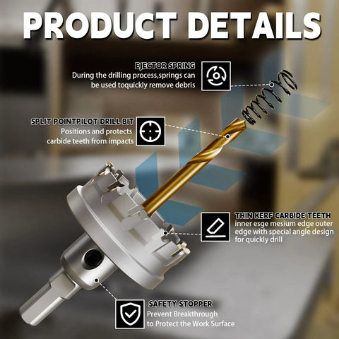 Detailed view of Carbide Hole Saw Set 5 Pc Kit With TCT Tips, featuring ejector spring and pilot drill, for quick clean holes.