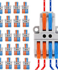 Lever Wire Connectors Pack Of 20, 2 In 4 Out Quick Wire Connectors Push In Conductor Terminal Block For AWG 28-12, Safe Flame Retardant And Corrosion Resistant Electrical Splice, shown in package and single unit detail.