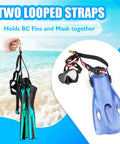 Scuba BC Fin Holder And Mask Clip with fins and mask attached, beach background, demonstrating hands free diving gear use.