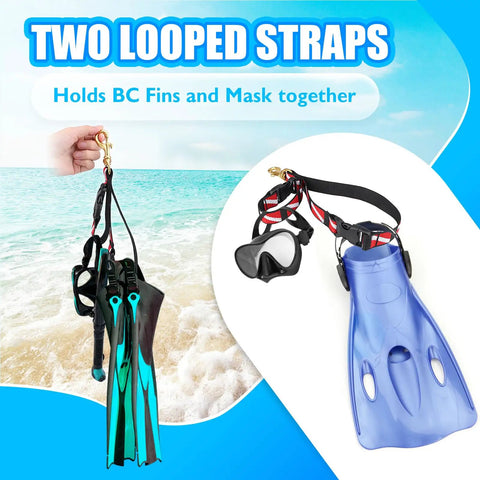 Scuba BC Fin Holder And Mask Clip with fins and mask attached, beach background, demonstrating hands free diving gear use.