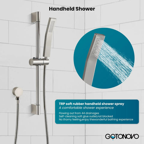 Shower Faucet Set With 12 Inch Rain Shower Head And Handheld Spray, Brushed Nickel Wall Mounted Trim Kit With Slide Bar, spraying water
