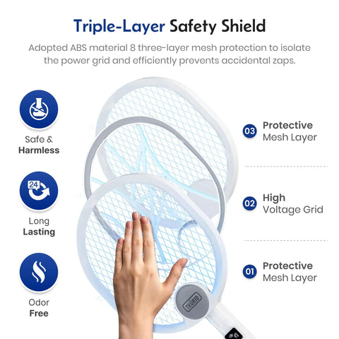 Hand touching the 2 In 1 Electric Bug Zapper And Indoor Fly Swatter with triple-layer protective mesh and high voltage grid.
