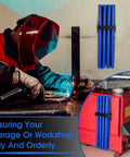 Ultimate 9 Piece Welding Rod Storage Set With 8 Slot Holder And Eight 40 Inch Tungsten Electrode Tubes For Sleek Wall Mount Organization Of All Your TIG Filler Rods And Fabrication Gear In Cool Blue, displayed in workshop with welding process.