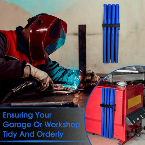 Ultimate 9 Piece Welding Rod Storage Set With 8 Slot Holder And Eight 40 Inch Tungsten Electrode Tubes For Sleek Wall Mount Organization Of All Your TIG Filler Rods And Fabrication Gear In Cool Blue, displayed in workshop with welding process.