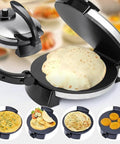 Super Sweet 10 Inch Electric Roti Maker Machine cooking non-stick chapati, with adjustable heat control and stainless steel design.
