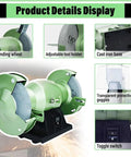 Ready To Roll Heavy Duty Electric Bench Grinder With Dual Five And Six Inch Aluminum Oxide Wheels showing grinding wheel and tool holder.