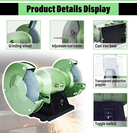 Rock Solid Dual Wheel Bench Grinder And Electric Knife Sharpener With Tough Aluminum Surfaces For Hella Fast Tool Renewal and Zero Hassle DIY Projects Around Town detailed view showing grinding wheels, adjustable tool holder, and toggle switch.