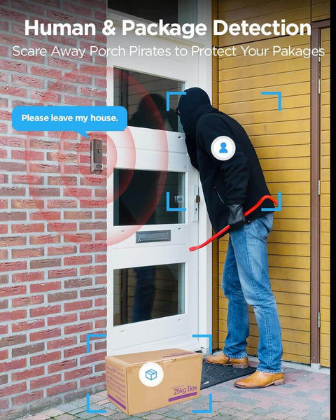 Person attempting to open a front door with a crowbar, box on porch. Wireless Video Doorbell With Dual Cams Front Door Security Cam And Ground View Includes Chime No Monthly Fee 2K HDR Night Vision Easy App Setup Real Time Alerts For Modern Home Security.