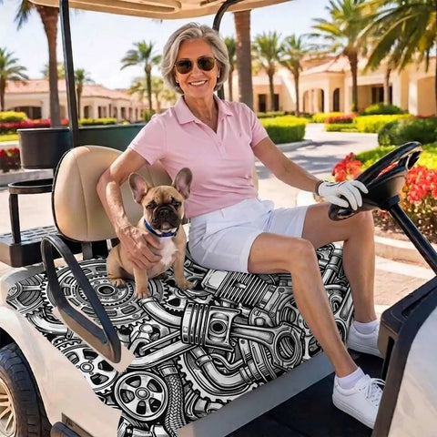 Two Seater Golf Cart Seat Covers Black And Grey Microfiber Towel Blanket Soft Breathable Absorbent Non Slip Bench Seat Protector For Golf Courses 51 By 31 Inches Machine Washable Easy Install Engine Print Vintage Auto Style on golf cart with woman and dog