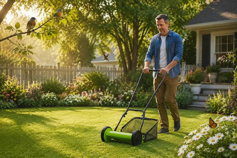 12 Inch Manual Reel Lawn Mower With 5 Blade Cutting System And Grass Catcher Bag, No Gas Or Electricity Needed, Lightweight Hand Push Grass Cutter For Small Yards And Gardens, Adjustable Height For Neat Eco Friendly Lawn Care in a garden