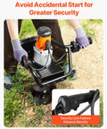 Person using Powerful Electric Post Hole Digger With 1500W Motor 5.91 Inch Auger Bit on soil, showing security lock feature