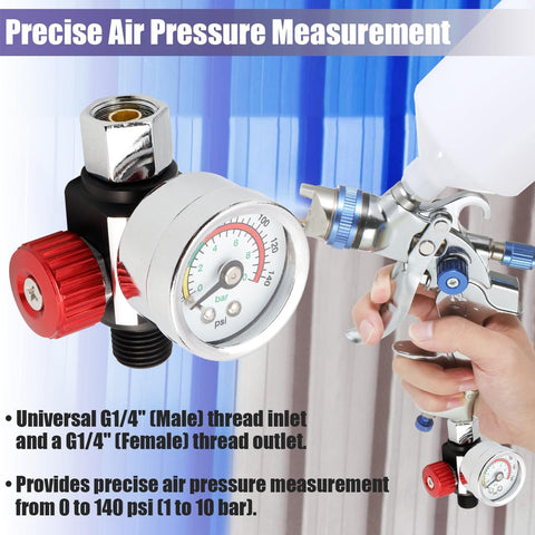 One Quarter Inch Air Regulator With Gauge 0-140 Psi For Spray Guns And Paint Sprayers, universal thread, gauge close-up