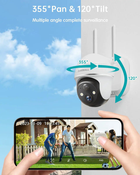 Wireless Outdoor Security Camera With Battery Power showing 355° pan and 120° tilt above a smartphone displaying live video feed.