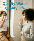 Two people drinking water, text reads 'Quality Water Quality Life'
