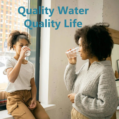 Two people drinking water, text reads 'Quality Water Quality Life'