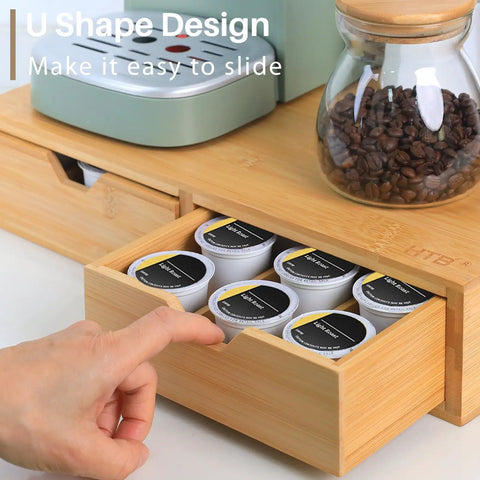 Open drawer with K Cup Pod Holder Drawer Organizer Bamboo Double Drawer Holds Up To 30 Pods showing pods and coffee jar.