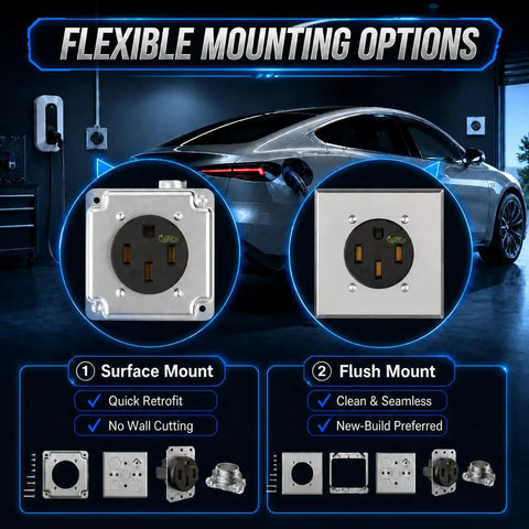 Nema 14 50 Ev Outlet With Surface And Flush Mount Box Kit, Weather Durable 50 Amp Electric Vehicle Charging Receptacle, Outdoor Black Car Plug Station, ETL Rated For No Sweat Wiring displayed with mounting options.