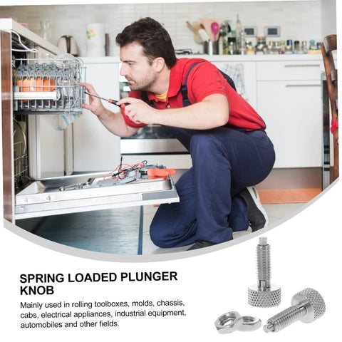 2 Pcs Steel Locking Spring Plunger Delivers Knockout Indexing Action. Retractable Spring Knurled Handle in use fixing a dishwasher.