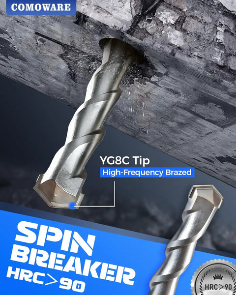 Close-up of Rotary Hammer Drill Bits Set And Chisels SDS Plus For Concrete And Masonry Holes in use with YG8C Tip detail.