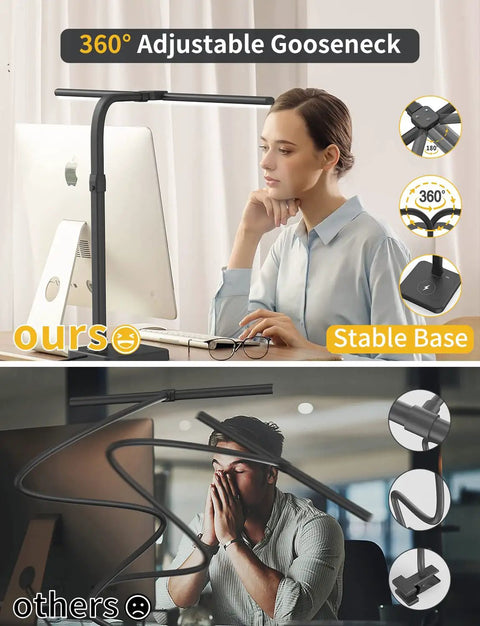 LED Desk Lamp For Home Office Ultra Wide Double Head 24W with Base Adjustable Gooseneck and two comparison images