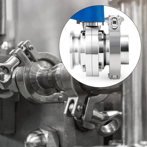 Installed 4-inch 304 stainless steel butterfly valve with tri-clamp flange on piping; inset close-up of valve body.