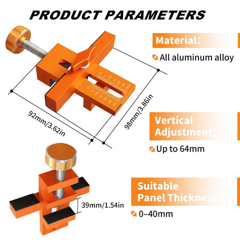 Versatile Cabinet Door Mounting Jig With Quick Edge Pin For Frameless And Face Frame Cabinets Pro Grade Adjustable 0 To 64mm Quick Setup Hardware Jig For Precise Hinge Alignment And Full Overlay Doors Technohom showing measurements and aluminum material