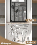 Before and after of kitchen drawer using Durable Metal Mesh Silverware Organizer for Kitchen Drawers, showing organized flatware.