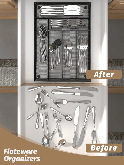 Before and after of kitchen drawer using Durable Metal Mesh Silverware Organizer for Kitchen Drawers, showing organized flatware.
